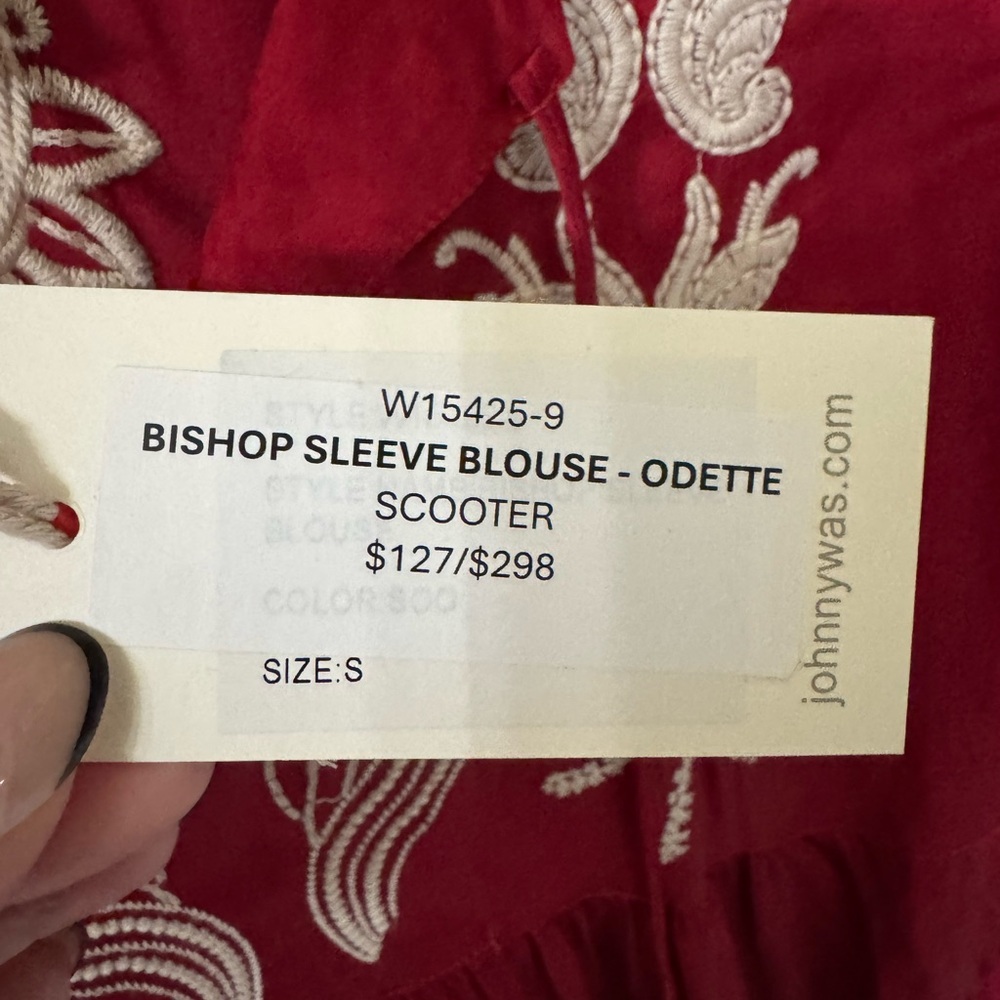 Johnny Was Bishop Sleeve Blouse Burgundy Embroidered Odette Small Retails $298! - Picture 3 of 7
